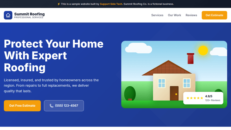 Summit Roofing contractor website with hero section, instant estimate calculator, and trust badges