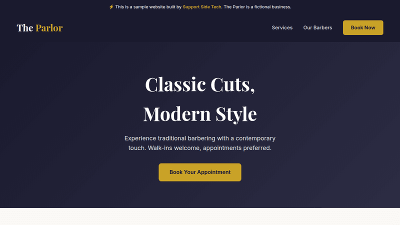 The Parlor barbershop booking site with online appointment scheduling and service selection